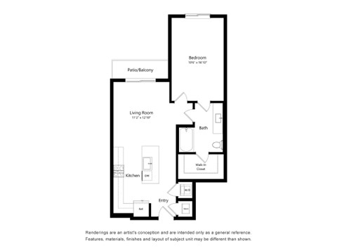 A floor plan of a home with a living room, kitchen, entry, bath, and two bedrooms.